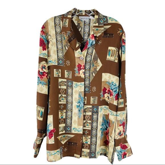 Vintage Tops - Vintage brown cream red floral roses 80s 90s button front shirt top large